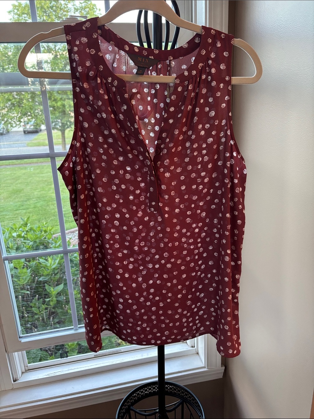 Burgundy Polka Dot Sleeveless V-Neck Blouse